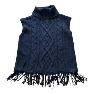 Womens Sweater Vest Size XL Navy Blue Fringe Cowl Neck Cozy Winter Layering